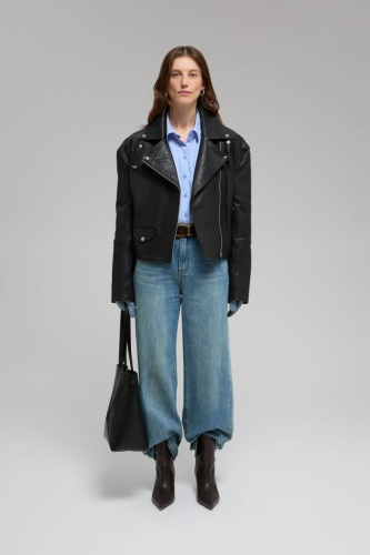 Утепленная кожаная куртка-косуха свободного кроя