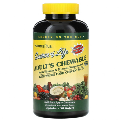 NaturesPlus, Source of Life, жевательная мультивитаминная и минеральная добавка для взрослых, вкусное яблоко и корица, 90 вафель