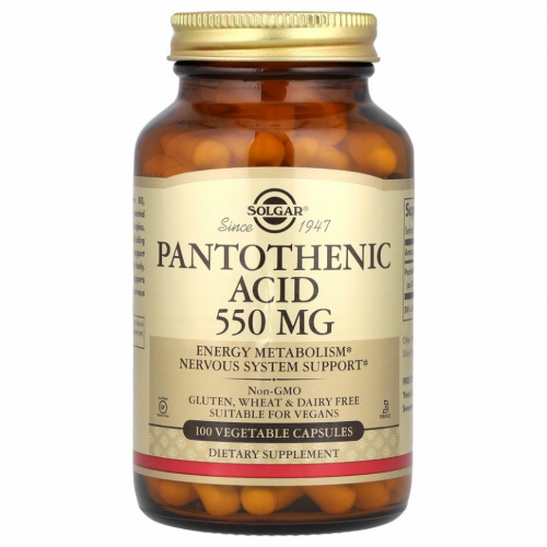 Solgar, Пантотеновая кислота, 550 мг, 100 растительных капсул