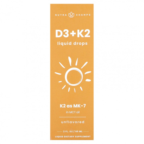 NutraChamps, Жидкие капли D3 + K2, без добавок, 60 мл (2 жидк. Унции)