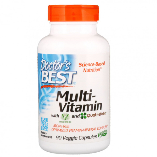 Doctor's Best, мультивитаминный комплекс с Vitashine D3 и Quatrefolic, 90 растительных капсул