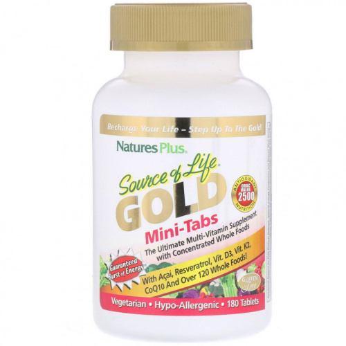 NaturesPlus, Source of Life, Gold, мини-таблетки, мощная мультивитаминная добавка, 180 таблеток