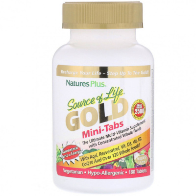 NaturesPlus, Source of Life, Gold, мини-таблетки, мощная мультивитаминная добавка, 180 таблеток
