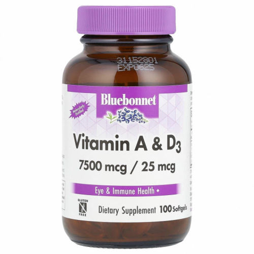 Bluebonnet Nutrition, витамины A и D3, 100 капсул