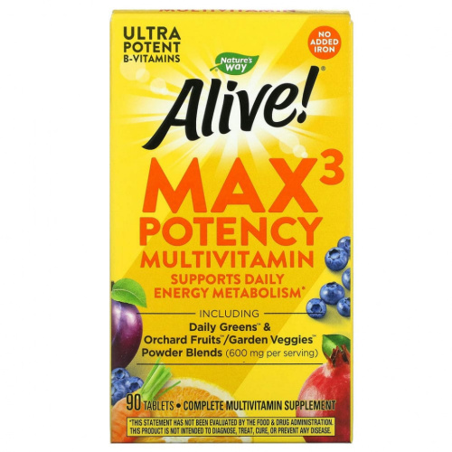 Nature's Way, Alive! Max3 Daily, мультивитаминный комплекс, без добавления железа, 90 таблеток