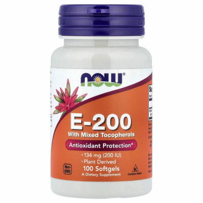NOW Foods, E-200 со смешанными токоферолами, 134 мг (200 МЕ), 100 мягких таблеток