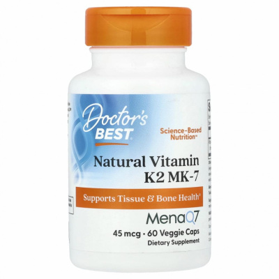 Doctor's Best, натуральный витамин K2 MK-7 с MenaQ7, 45 мкг, 60 вегетарианских капсул