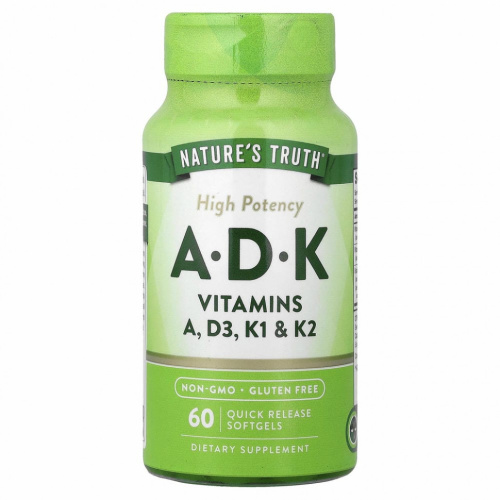 Nature's Truth, Высокая эффективность, A, D, K, 60 быстрорастворимых мягких таблеток