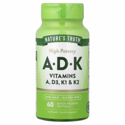 Nature's Truth, Высокая эффективность, A, D, K, 60 быстрорастворимых мягких таблеток