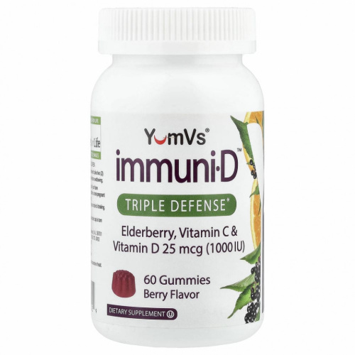 YumV's, бузина, витамины C и D, тройная защита, ягодный вкус, 25 мкг (1000 МЕ), 60 жевательных мармеладок