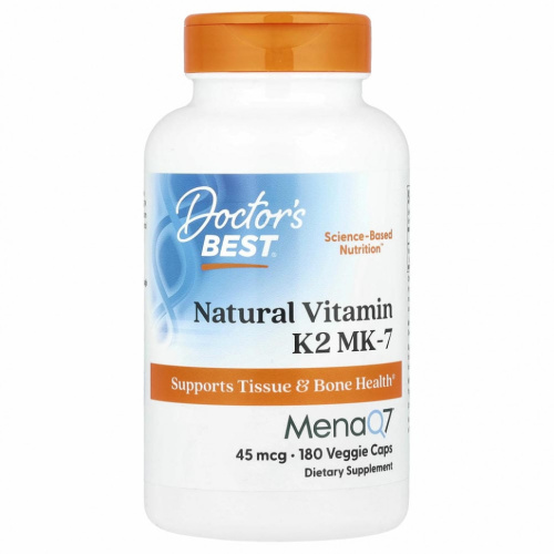 Doctor's Best, натуральный витамин K2 MK-7 с MenaQ7, 45 мкг, 180 вегетарианских капсул