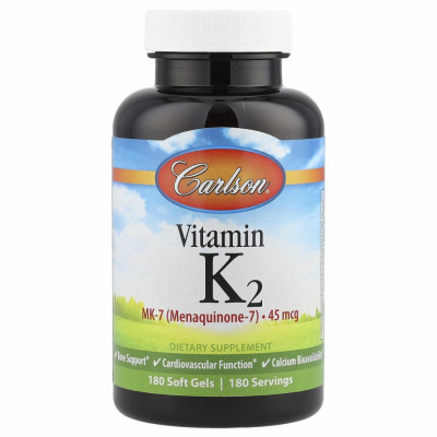 Carlson Labs, Витамин K2 MK-7 (менахинон-7), 45 мкг, 180 мягких таблеток