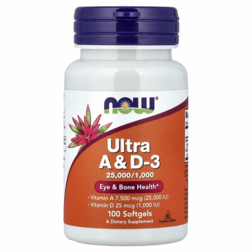 NOW Foods, ультра-добавка, витамины A и D3, 100 капсул