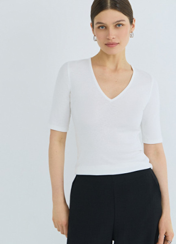 Футболка в рубчик с V-вырезом, Белый