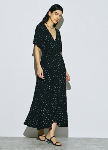 Платье в горох с запахом на завязках, Черный