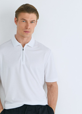 Поло из техноткани с воротником на молнии, Белый