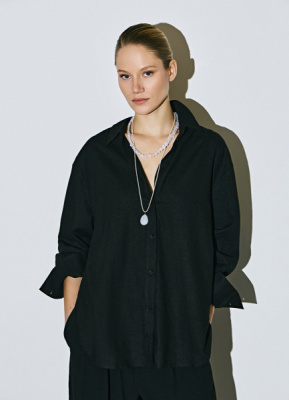 Рубашка с длинным рукавом из смесового льна, Черный