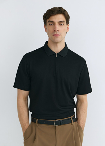 Поло из техноткани с воротником на молнии, Черный