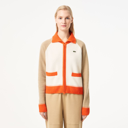 Женский шерстяной свитер Lacoste на молнии с карманами и воротником поло