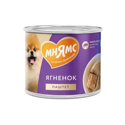 Мнямс Красивая Шерсть паштет для взрослых собак всех пород из ягненка в консервах - 200 г (12 шт в уп) повседневный премиум для взрослых с ягненком для всех пород консервы (в железной банке) Российский корм 1 уп. х 12 шт. х 2.4 кг