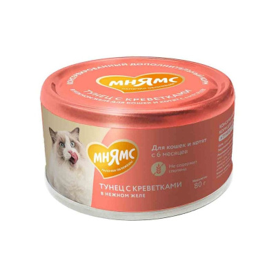 Мнямс На каждый день влажный корм для кошек и котят старше 6 месяцев, с тунецом и креветками в нежном желе, в консервах - 80 г для взрослых Китай 1 уп. х 24 шт. х 1.92 кг