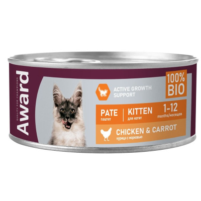 Award Pate Kitten Chicken &amp; Carrot влажный корм для котят, с КУРИЦЕЙ и морковью, в консервах - 100 г повседневный супер премиум безглютеновые для котят с курицей для всех пород консервы (в железной банке) Российский корм 1 уп. х 16 шт. х 1.6 кг