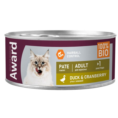 Award Pate Adult Duck &amp; Cranberry влажный корм для кошек, с УТКОЙ и клюквой, в консервах - 100 г повседневный супер премиум безглютеновые для взрослых с уткой для всех пород консервы (в железной банке) Российский корм 1 уп. х 16 шт. х 1.6 кг
