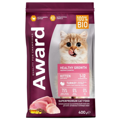 Award Healthy Growth Kitten Turkey Healthy Growth сухой корм для котят от 1 месяца, беременных и кормящих кошек, с ИНДЕЙКОЙ и КУРИЦЕЙ - 400 г повседневный супер премиум для котят с индейкой для всех пород мешок Российский корм 1 уп. х 1 шт. х 0.4 кг
