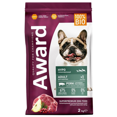 Award Hypo сухой корм для собак всех пород, со СВИНИНОЙ, брусникой, грушей и розмарином - 2 кг для всех пород мешок Российский корм 1 уп. х 1 шт. х 2 кг
