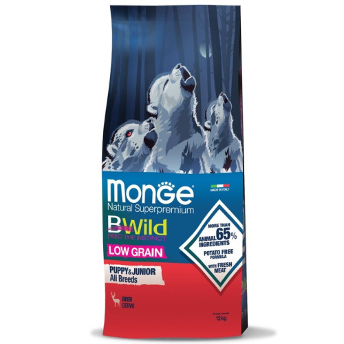 Monge Dog BWild Low Grain Puppy &amp; Junior полнорационный сухой корм для щенков, низкозерновой, с мясом оленя - 12 кг повседневный холистик холистики для щенков с олениной для всех пород мешок Импортный корм 1 уп. х 1 шт. х 12 кг