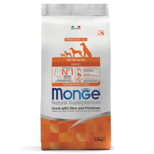Monge Dog Speciality Line Monoprotein полнорационный сухой для собак, с уткой, рисом и картофелем - 2,5 кг повседневный супер премиум для взрослых с уткой для всех пород мешок Импортный корм 1 уп. х 1 шт. х 2.5 кг