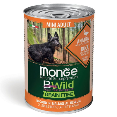 Monge Dog BWild Grain Free Mini полнорационный влажный корм для собак мелких пород, беззерновой, с уткой, тыквой и кабачками, кусочки в соусе, в консервах - 400 г повседневный супер премиум беззерновые для взрослых с кабачком породы мелкого размера консер