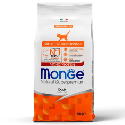 Monge Cat Speciality Line Monoprotein полнорационный сухой корм для котят и беременных кошек, с уткой - 400 г повседневный супер премиум для котят с уткой для всех пород мешок Импортный корм 1 уп. х 1 шт. х 0.4 кг