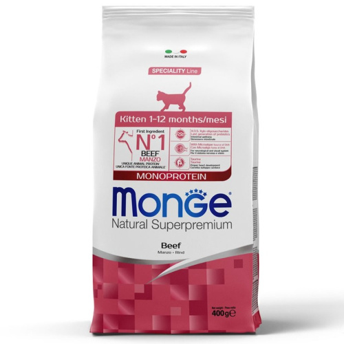 Monge Cat Speciality Line Monoprotein полнорационный сухой корм для котят и беременных кошек, с говядиной - 400 г повседневный супер премиум для взрослых с говядиной для всех пород мешок Импортный корм 1 уп. х 1 шт. х 0.4 кг