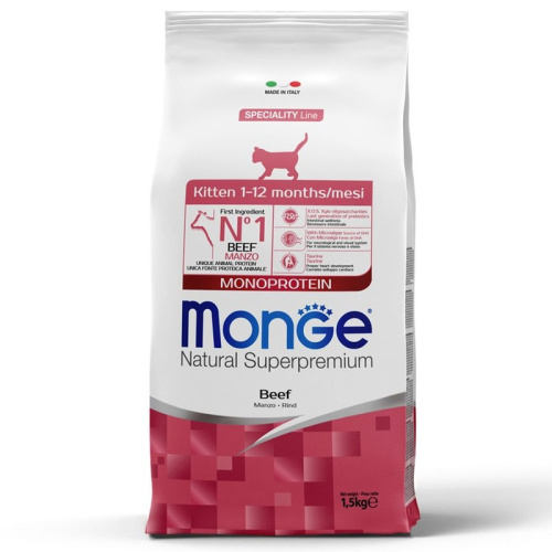 Monge Cat Speciality Line Monoprotein полнорационный сухой корм для котят и беременных кошек, с говядиной повседневный супер премиум для котят с говядиной для всех пород мешок Импортный корм 1 уп. х 1 шт. х 1.5 кг