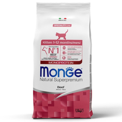 Monge Cat Speciality Line Monoprotein полнорационный сухой корм для котят и беременных кошек, с говядиной повседневный супер премиум для котят с говядиной для всех пород мешок Импортный корм 1 уп. х 1 шт. х 1.5 кг