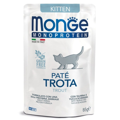 Monge Cat Monoprotein полнорационный влажный корм для котят, паштет с форелью, в паучах - 85 г повседневный супер премиум беззерновые для котят с форелью паучи Импортный корм 1 уп. х 1 шт. х 0.085 кг