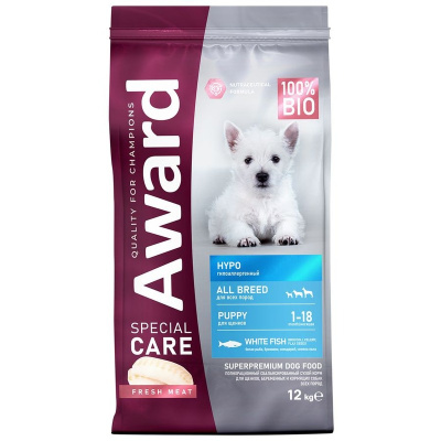 Award Special Care Hypo Puppy сухой корм для беременных и кормящих собак всех пород и щенков от 1 месяца склонных к аллергии, с белой РЫБОЙ - 12 кг для взрослых с белой рыбой мешок Россия 1 уп. х 1 шт. х 12 кг