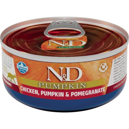 Farmina N&amp;D Cat Pumpkin влажный корм для кошек, с курицей, гранатом и тыквой в консервах -70 г повседневный супер премиум для взрослых с курицей для всех пород консервы (в железной банке) Импортный корм 1 уп. х 30 шт. х 2.1 кг