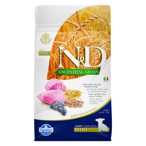 Farmina N&amp;D Ancestral Grain Dog Lamb &amp; Blueberry Puppy Mini сухой низкозерновой корм для щенков мелких пород с ягненком и черникой - 800 г повседневный супер премиум низкозерновые для щенков с ягненком породы мелкого размера мешок Импортный корм 1