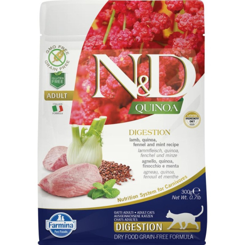 Farmina N&amp;D Quinoa Cat Grain Free Digestion Lamb сухой беззерновой корм для взрослых кошек для поддержки пищеварения с ягненком и киноа - 300 г повседневный супер премиум беззерновые для взрослых с ягненком мешок Импортный корм 1 уп. х 1 шт. х 0.3 кг
