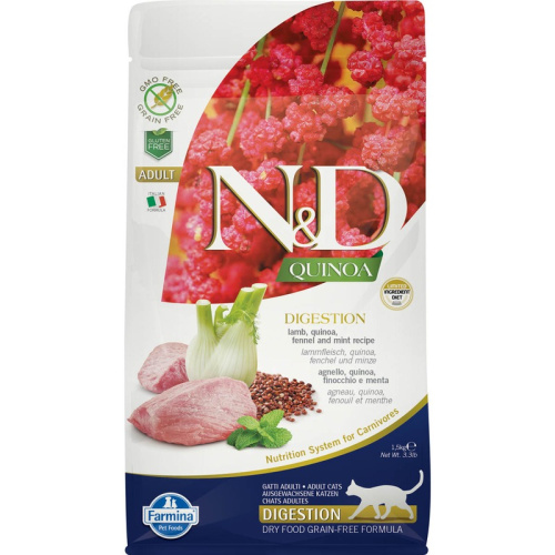 Farmina N&amp;D Quinoa Cat Grain Free Digestion Lamb сухой беззерновой корм для взрослых кошек для поддержки пищеварения с ягненком и киноа - 1,5 кг повседневный супер премиум беззерновые для взрослых с ягненком для всех пород мешок Импортный корм 1 уп. х