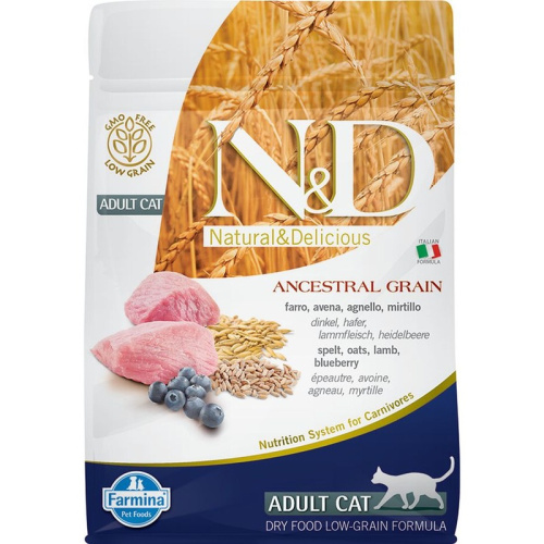 Farmina N&amp;D Ancestral Grain Cat Lamb, Spelt, Oats And Blueberry Adult сухой низкозерновой корм для взрослых кошек с ягненком и черникой - 300 г повседневный супер премиум низкозерновые для взрослых с ягненком мешок Импортный корм 1 уп. х 1 шт. х 0.3 к