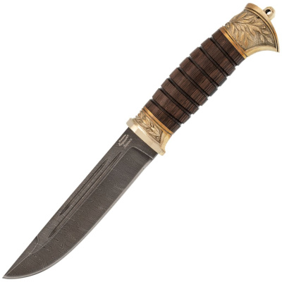 Туристический нож Витязь-2, сталь дамаск, художественная резьба, рукоять венге