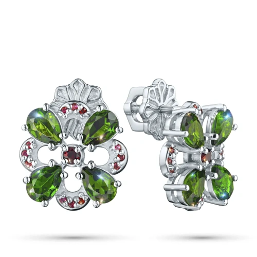 Пусеты из серебра с гранатами и хромдиопсидами э0650пс01260381