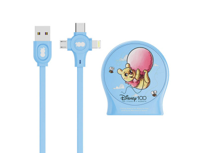 Выдвижной зарядный кабель Дисней Винни-Пух, USB - Type-C, Micro USB, Lightning  (голубой)