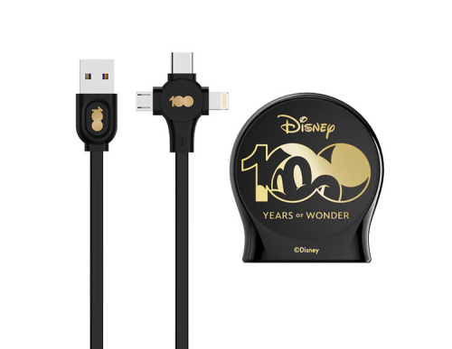 Выдвижной зарядный кабель Дисней Юбилейный, USB - Type-C, Micro USB, Lightning (чёрный)