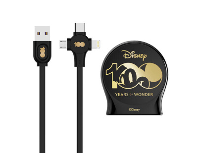 Выдвижной зарядный кабель Дисней Юбилейный, USB - Type-C, Micro USB, Lightning (чёрный)