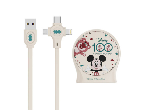 Выдвижной зарядный кабель Дисней Микки Маус, USB - Type-C, Micro USB, Lightning (бежевый)