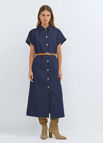Платье-рубашка из денима с ремнём, Синий